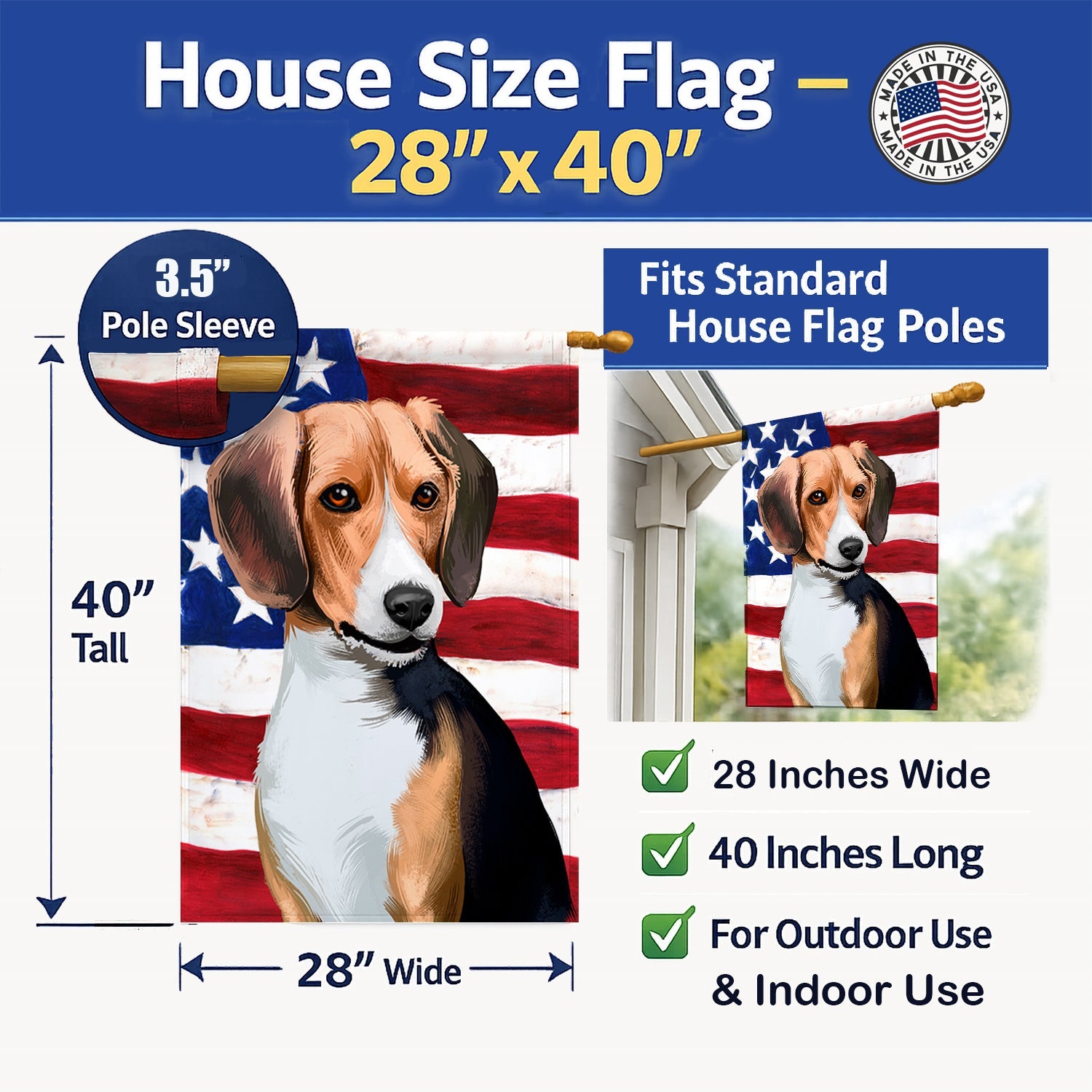 Beagle American Flag House Flag 28x40 Porch Sleeve Pole Decorative Outside Yard Banner Artwork Wall Hanging, Polyester