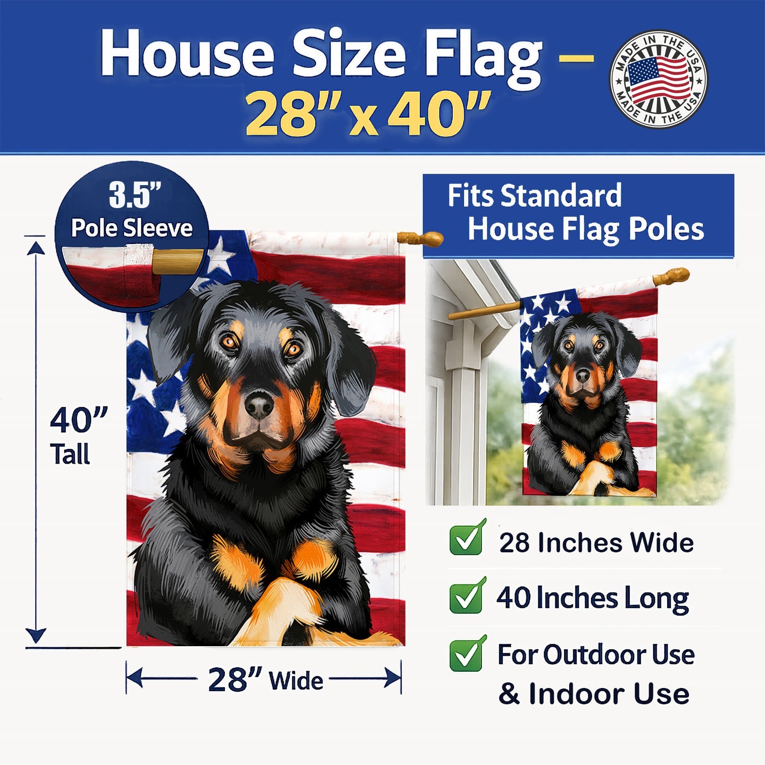 Beauceron American Flag House Flag 28x40 Porch Sleeve Pole Decorative Outside Yard Banner Artwork Wall Hanging, Polyester