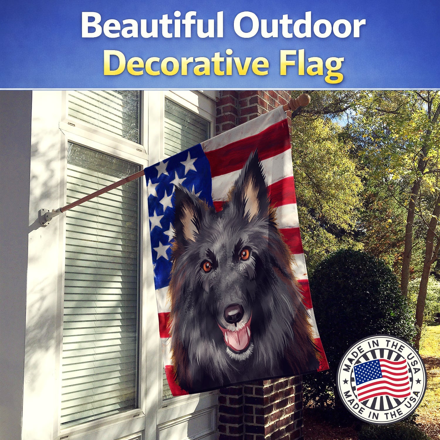 Belgian Groenendael American Flag House Flag 28x40 Porch Sleeve Pole Decorative Outside Yard Banner Artwork Wall Hanging, Polyester