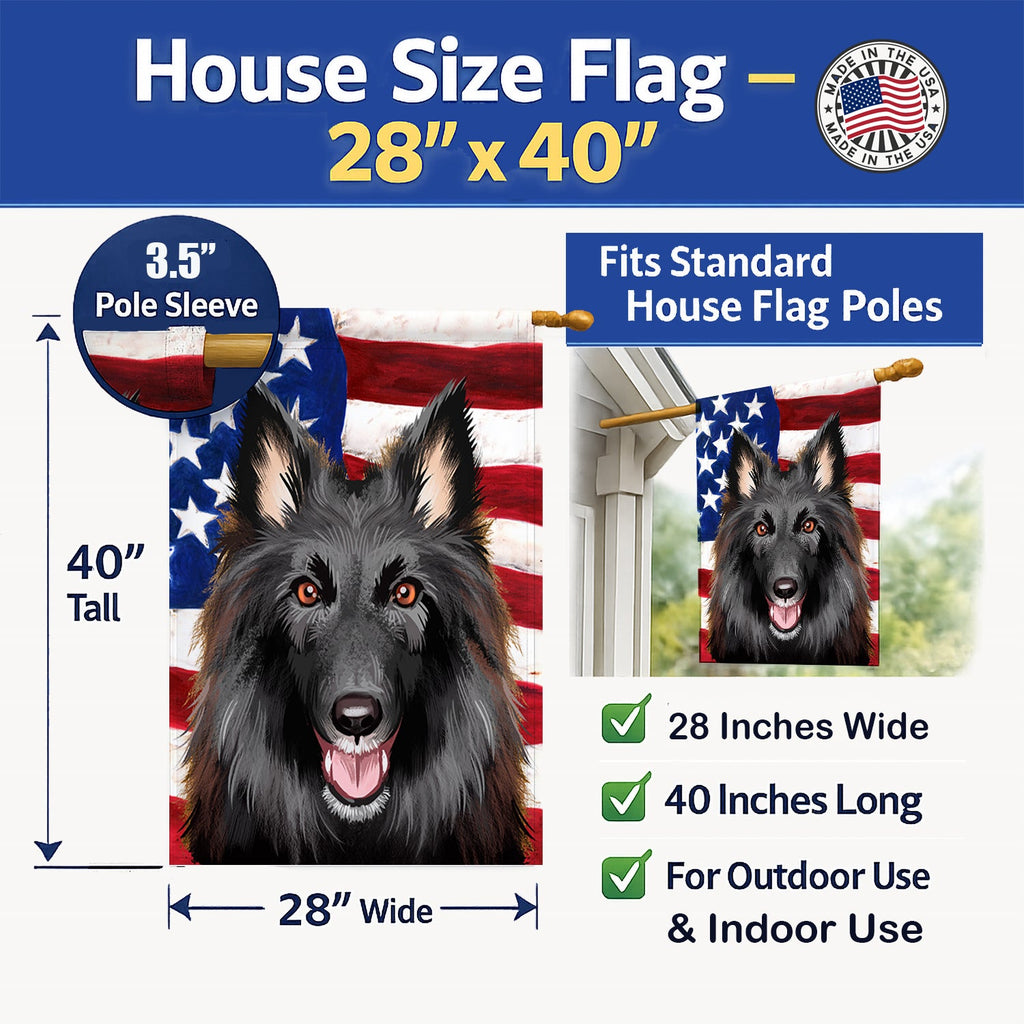 Belgian Groenendael American Flag House Flag 28x40 Porch Sleeve Pole Decorative Outside Yard Banner Artwork Wall Hanging, Polyester