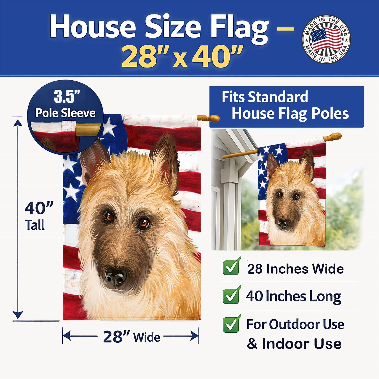 Belgian Laekenois American Flag House Flag 28x40 Porch Sleeve Pole Decorative Outside Yard Banner Artwork Wall Hanging, Polyester