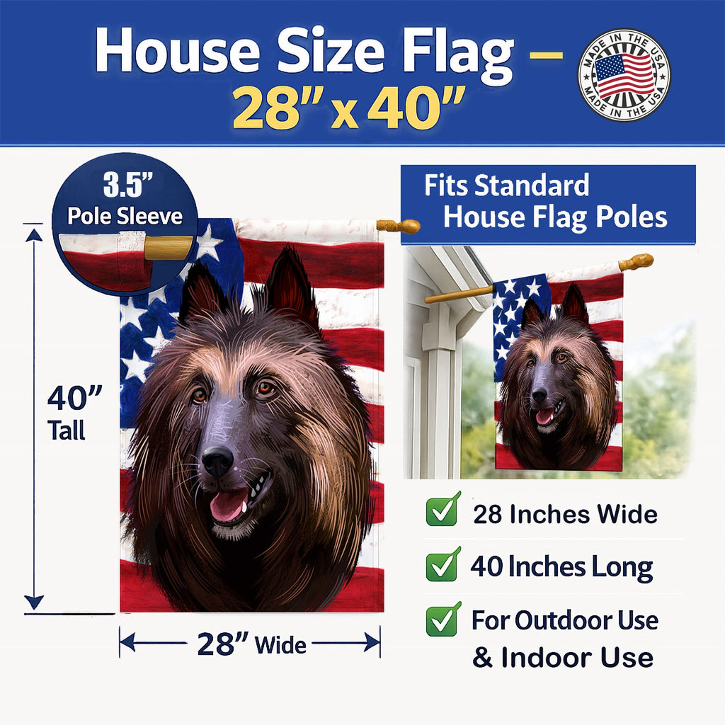 Belgian Tervuren American Flag House Flag 28x40 Porch Sleeve Pole Decorative Outside Yard Banner Artwork Wall Hanging, Polyester