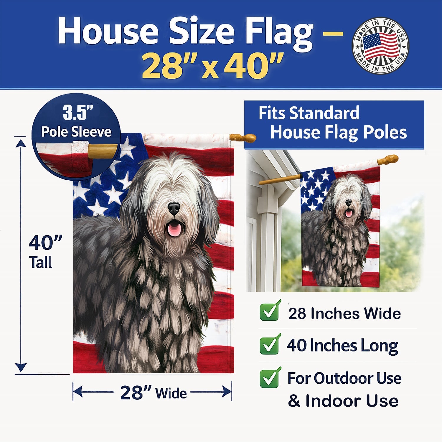 Bergamasco American Flag House Flag 28x40 Porch Sleeve Pole Decorative Outside Yard Banner Artwork Wall Hanging, Polyester