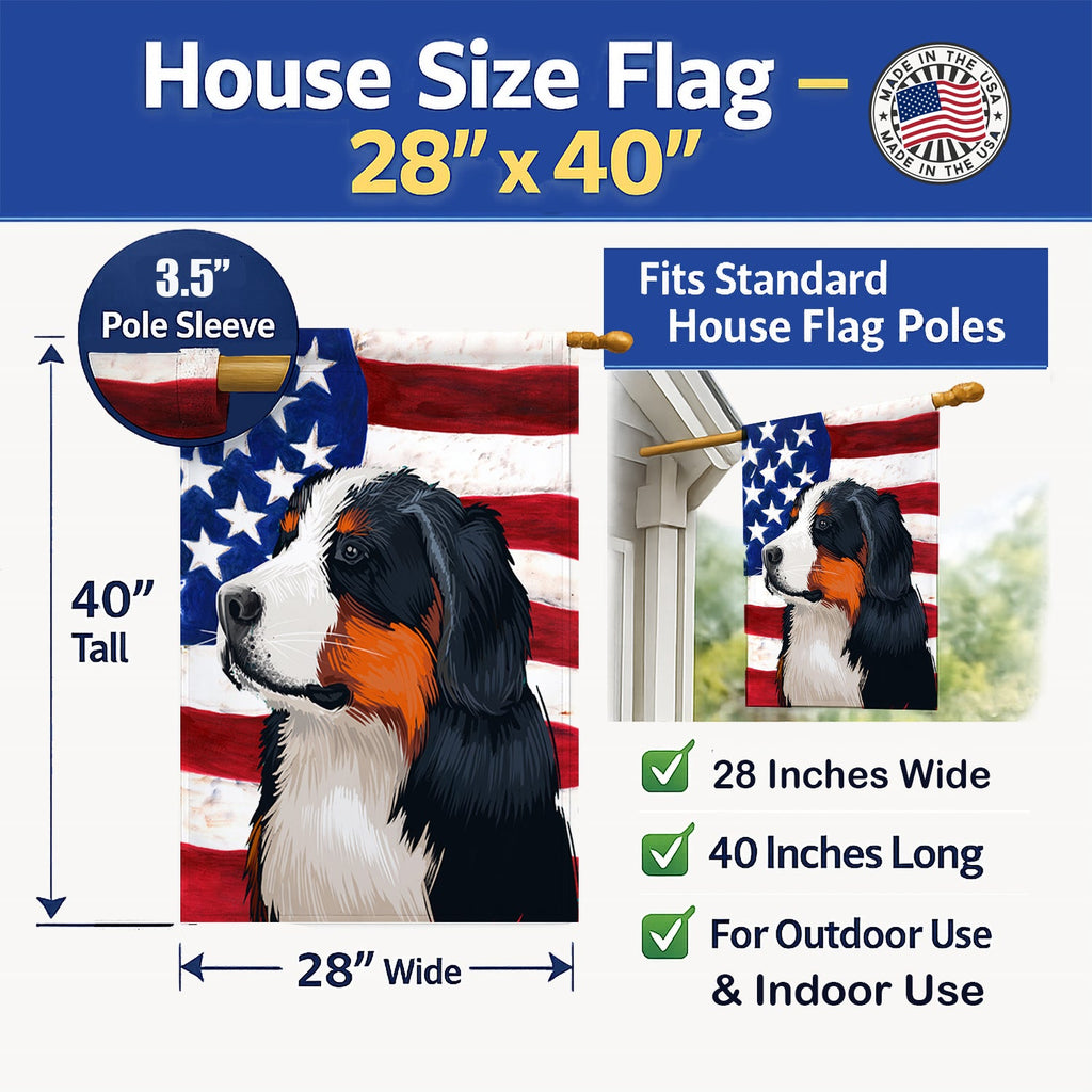 Bernese Mountain Dog American Flag House Flag 28x40 Porch Sleeve Pole Decorative Outside Yard Banner Artwork Wall Hanging, Polyester