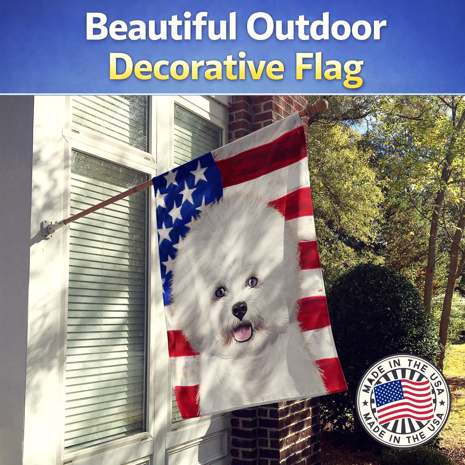 Bichon Frise  American Flag House Flag 28x40 Porch Sleeve Pole Decorative Outside Yard Banner Artwork Wall Hanging, Polyester