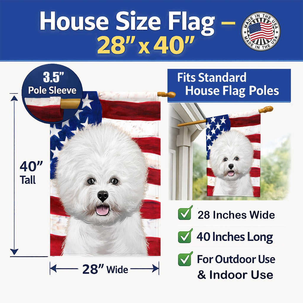 Bichon Frise  American Flag House Flag 28x40 Porch Sleeve Pole Decorative Outside Yard Banner Artwork Wall Hanging, Polyester