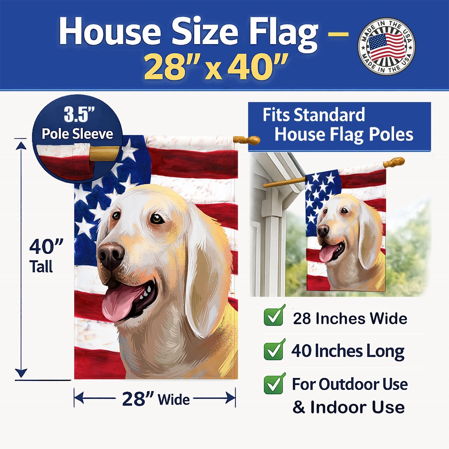 Billy Dog American Flag House Flag 28x40 Porch Sleeve Pole Decorative Outside Yard Banner Artwork Wall Hanging, Polyester