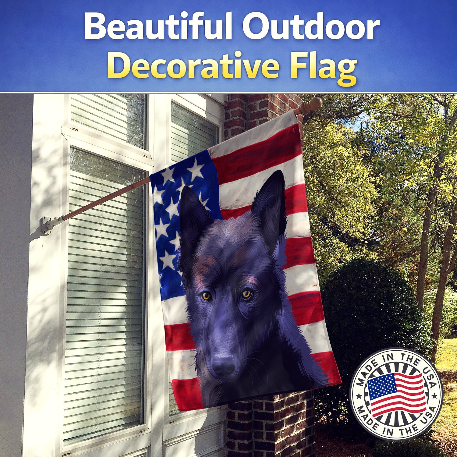 Black Norwegian Elkhound American Flag House Flag 28x40 Porch Sleeve Pole Decorative Outside Yard Banner Artwork Wall Hanging, Polyester