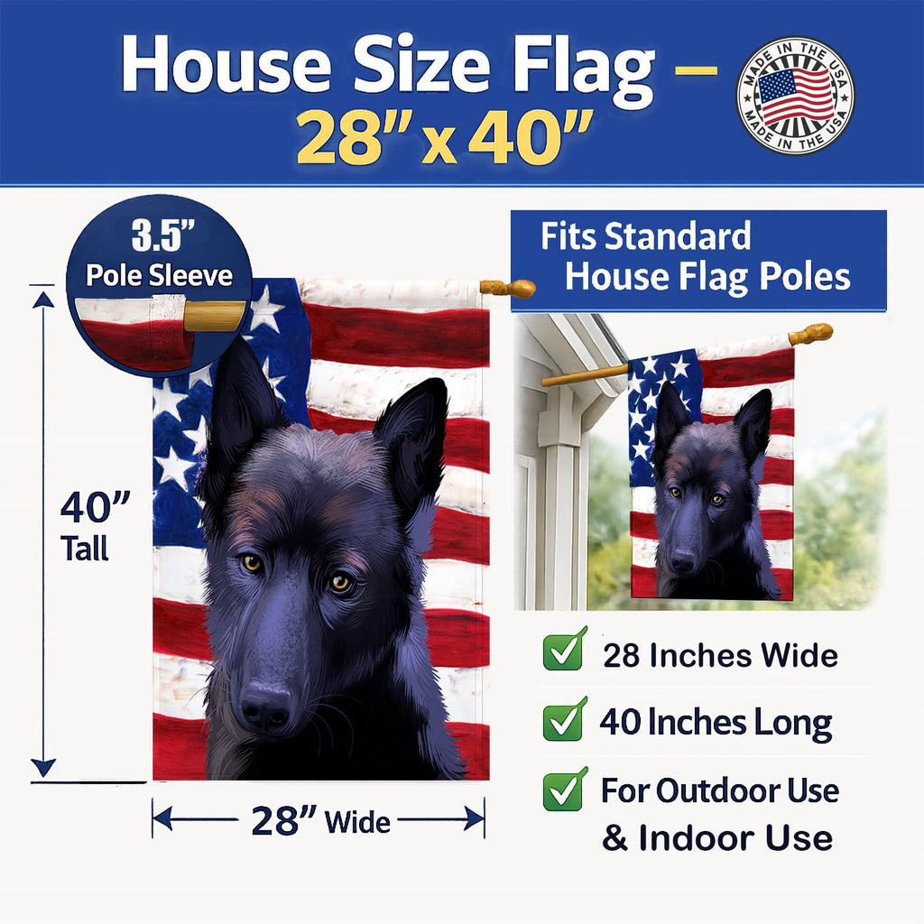 Black Norwegian Elkhound American Flag House Flag 28x40 Porch Sleeve Pole Decorative Outside Yard Banner Artwork Wall Hanging, Polyester
