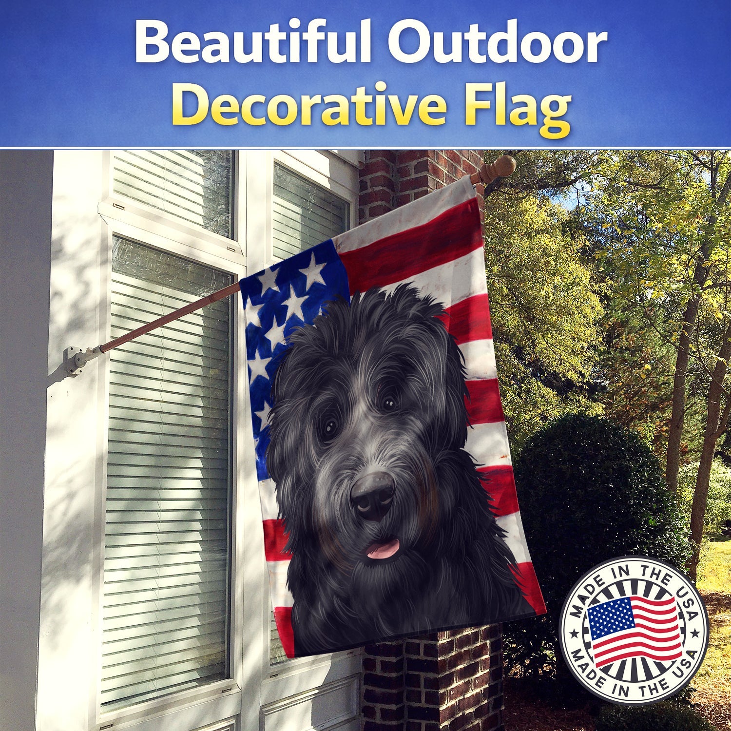 Black Russian Terrier American Flag House Flag 28x40 Porch Sleeve Pole Decorative Outside Yard Banner Artwork Wall Hanging, Polyester
