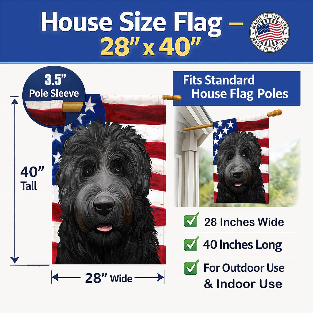 Black Russian Terrier American Flag House Flag 28x40 Porch Sleeve Pole Decorative Outside Yard Banner Artwork Wall Hanging, Polyester