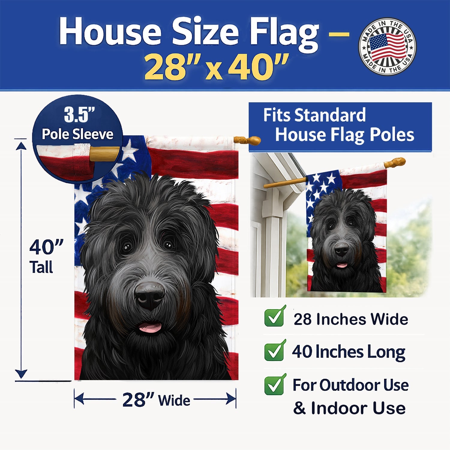 Black Russian Terrier American Flag House Flag 28x40 Porch Sleeve Pole Decorative Outside Yard Banner Artwork Wall Hanging, Polyester