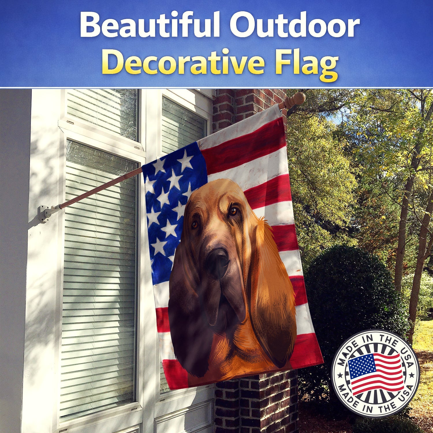 Bloodhound Dog American Flag House Flag 28x40 Porch Sleeve Pole Decorative Outside Yard Banner Artwork Wall Hanging, Polyester