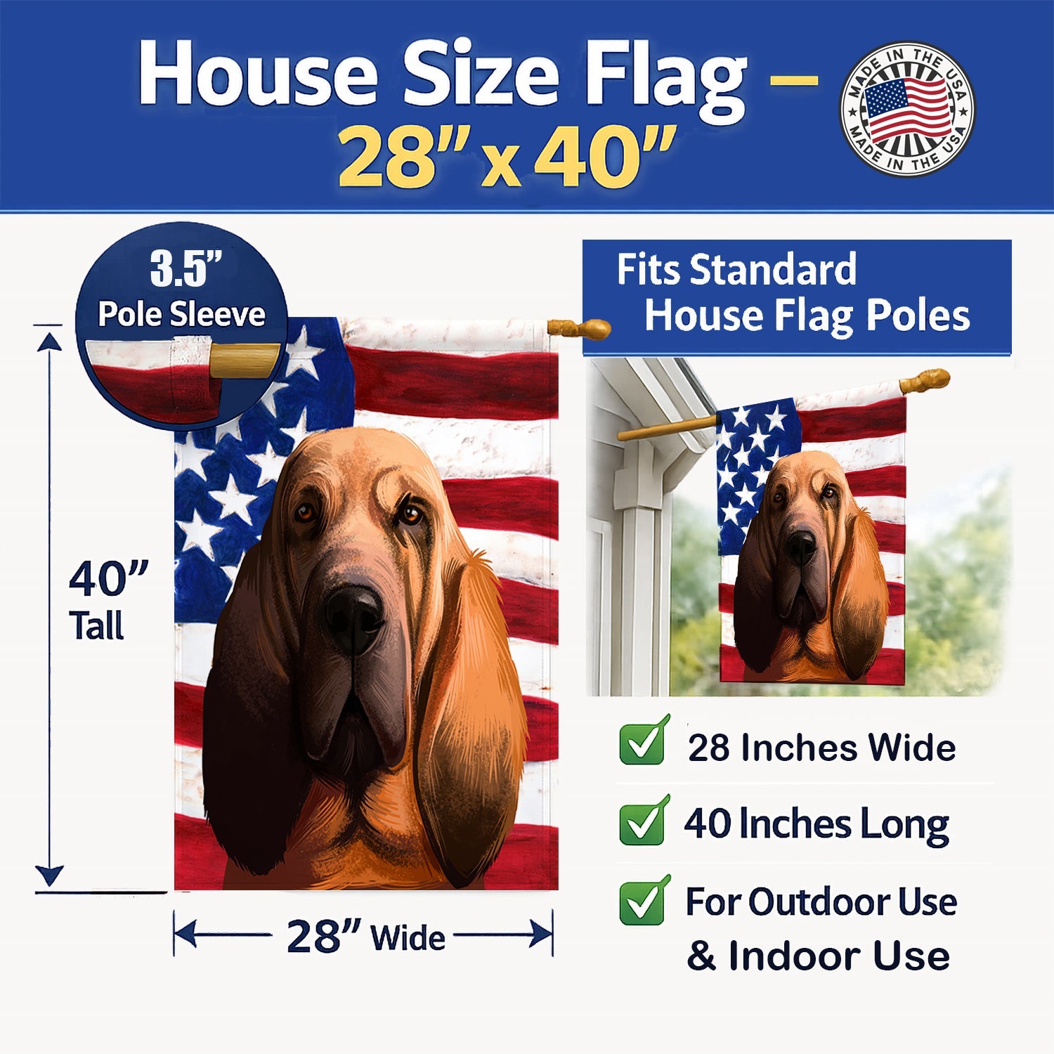 Bloodhound Dog American Flag House Flag 28x40 Porch Sleeve Pole Decorative Outside Yard Banner Artwork Wall Hanging, Polyester