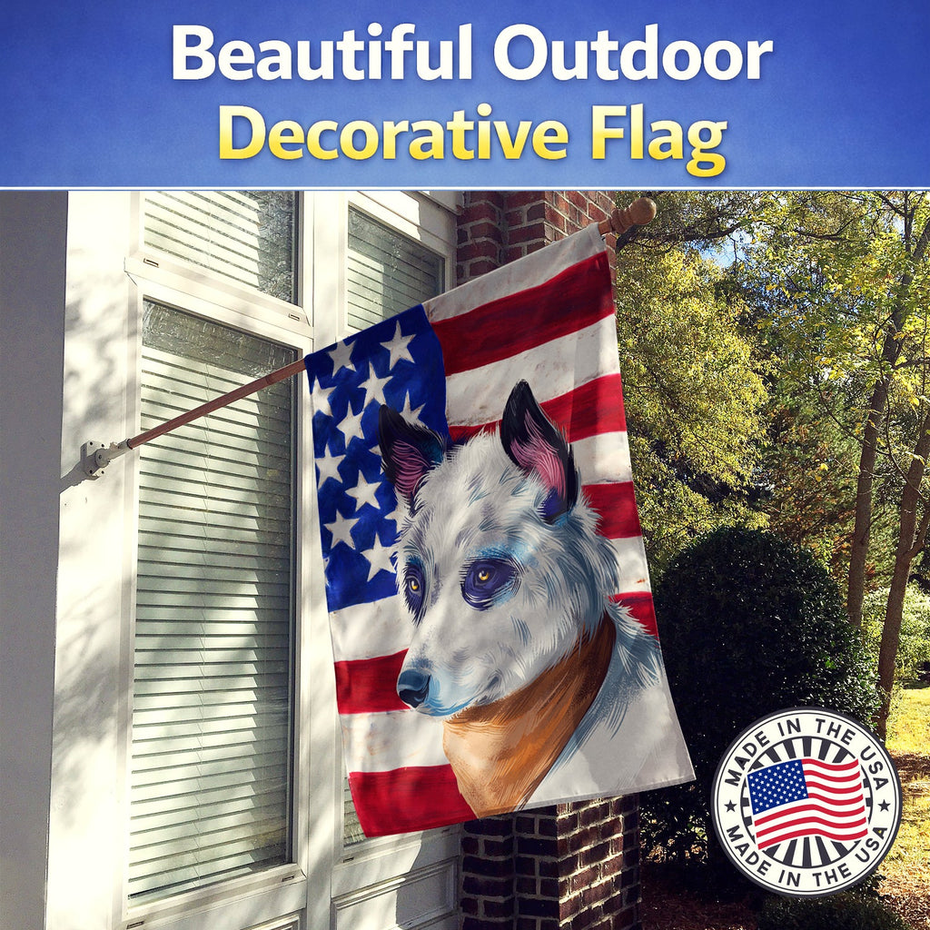 Blue Heeler Dog American Flag House Flag 28x40 Porch Sleeve Pole Decorative Outside Yard Banner Artwork Wall Hanging, Polyester