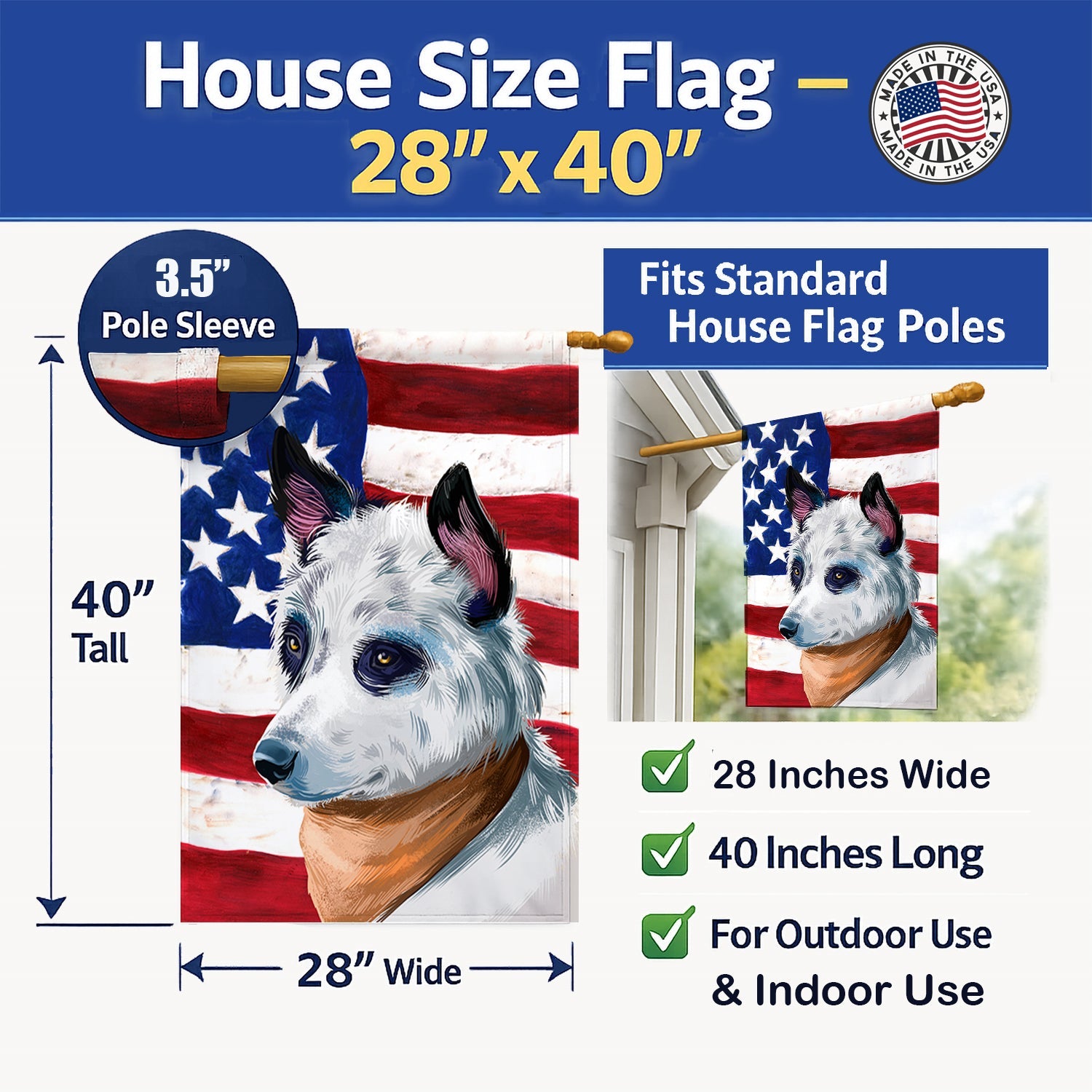 Blue Heeler Dog American Flag House Flag 28x40 Porch Sleeve Pole Decorative Outside Yard Banner Artwork Wall Hanging, Polyester