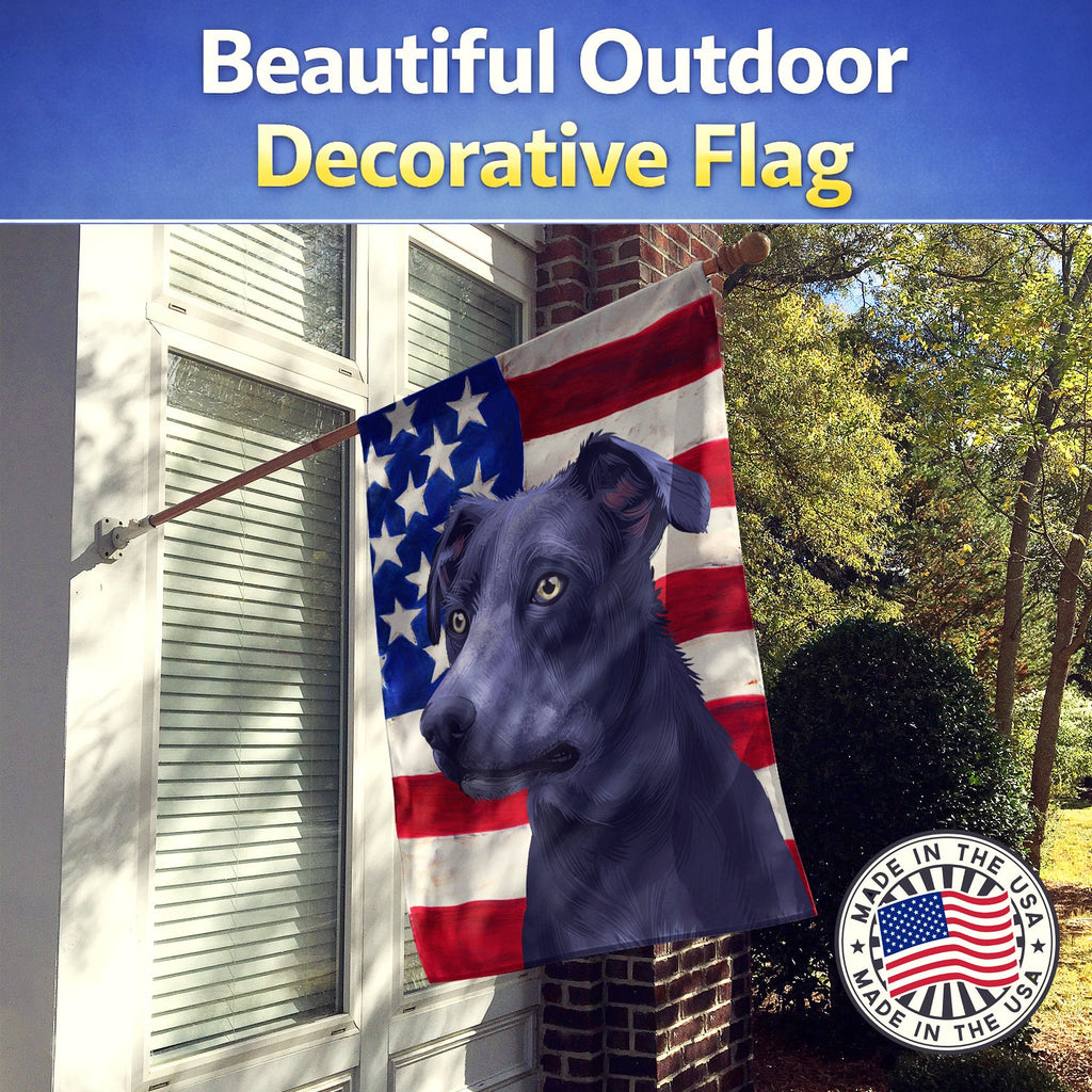 Blue Lacy Dog American Flag House Flag 28x40 Porch Sleeve Pole Decorative Outside Yard Banner Artwork Wall Hanging, Polyester