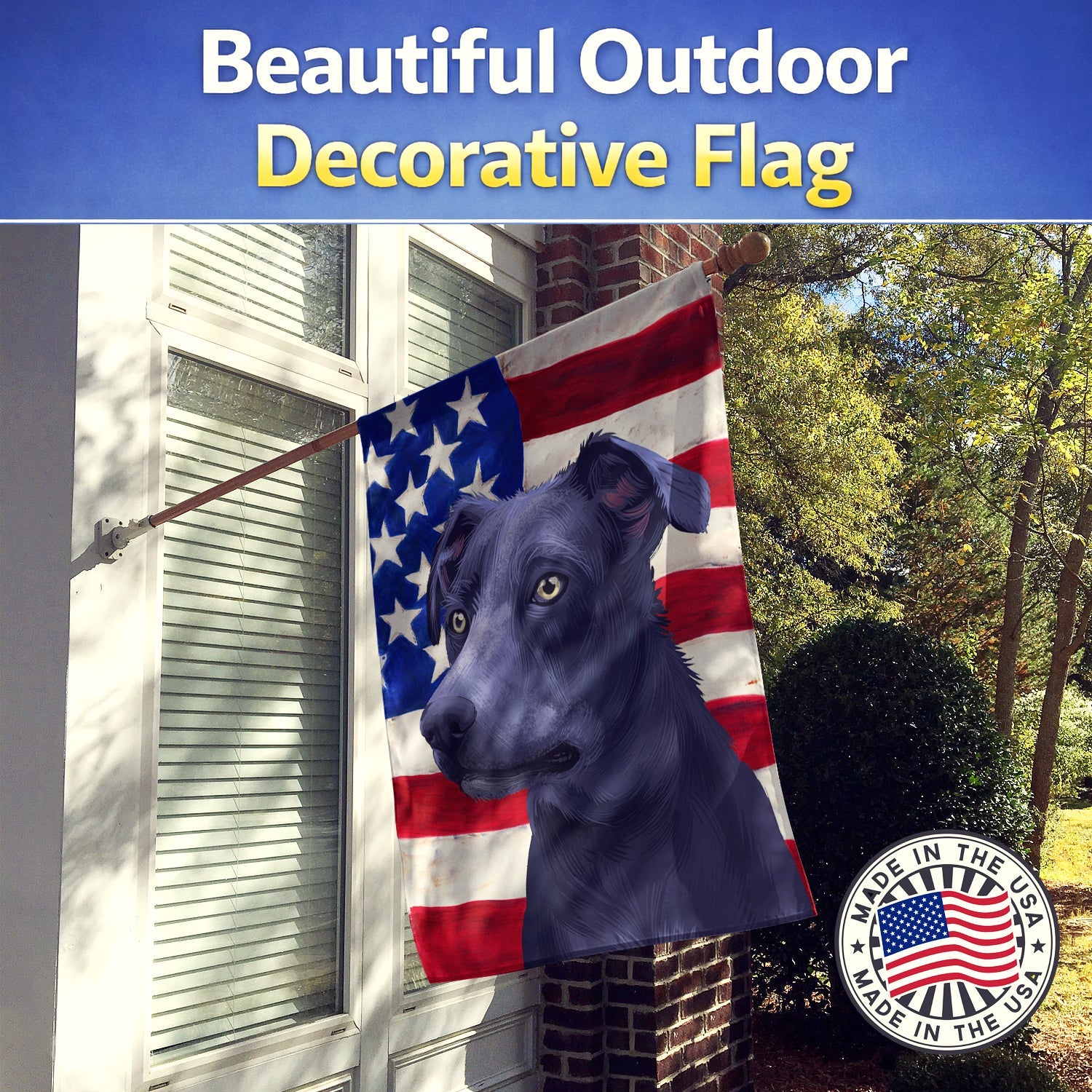 Blue Lacy Dog American Flag House Flag 28x40 Porch Sleeve Pole Decorative Outside Yard Banner Artwork Wall Hanging, Polyester