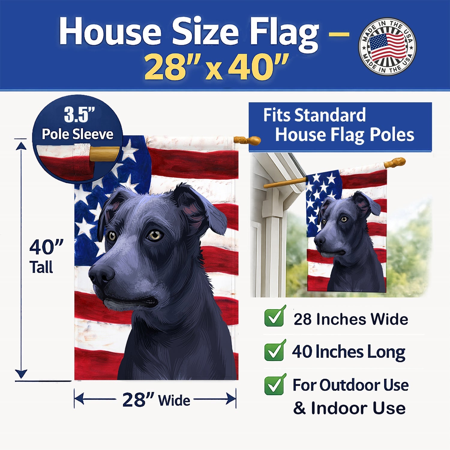 Blue Lacy Dog American Flag House Flag 28x40 Porch Sleeve Pole Decorative Outside Yard Banner Artwork Wall Hanging, Polyester