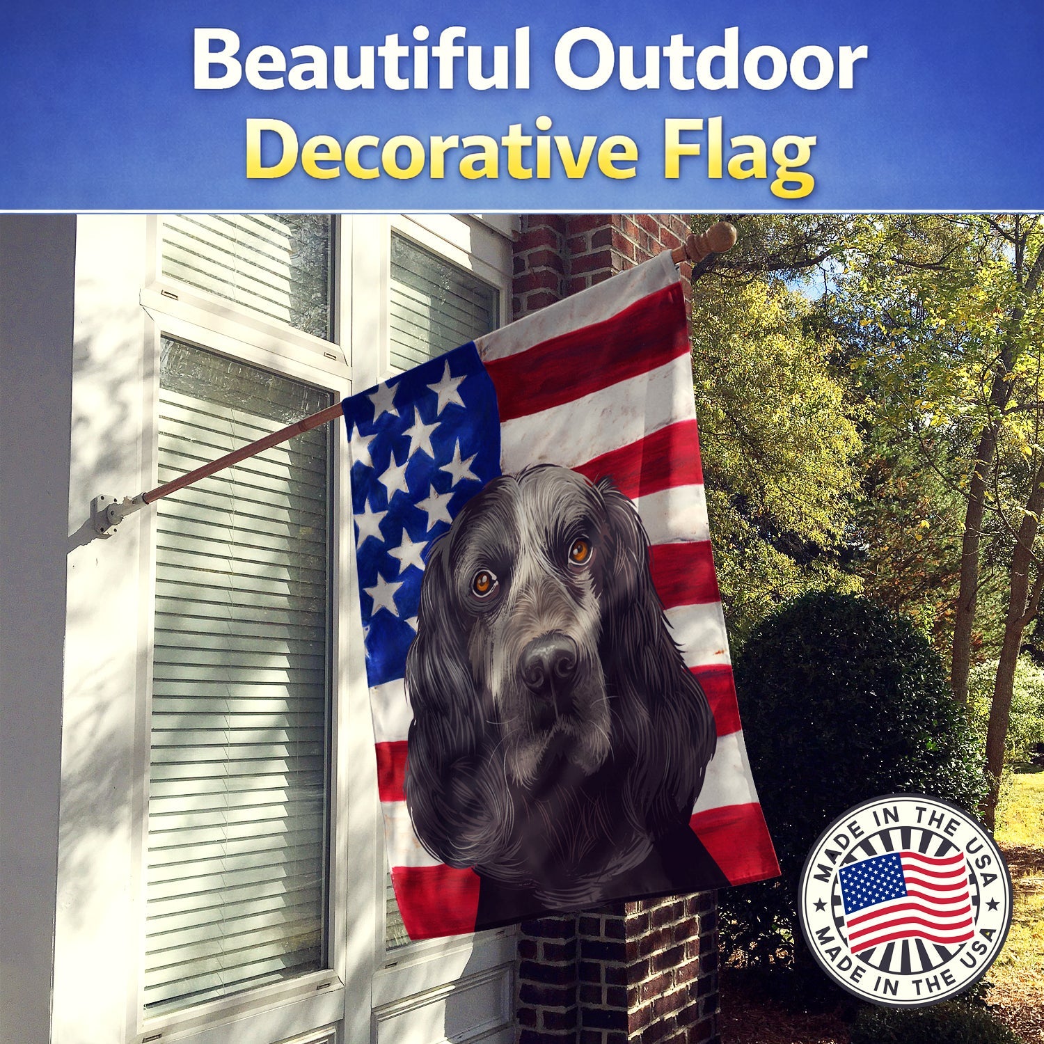 Blue Picardy Spaniel American Flag House Flag 28x40 Porch Sleeve Pole Decorative Outside Yard Banner Artwork Wall Hanging, Polyester