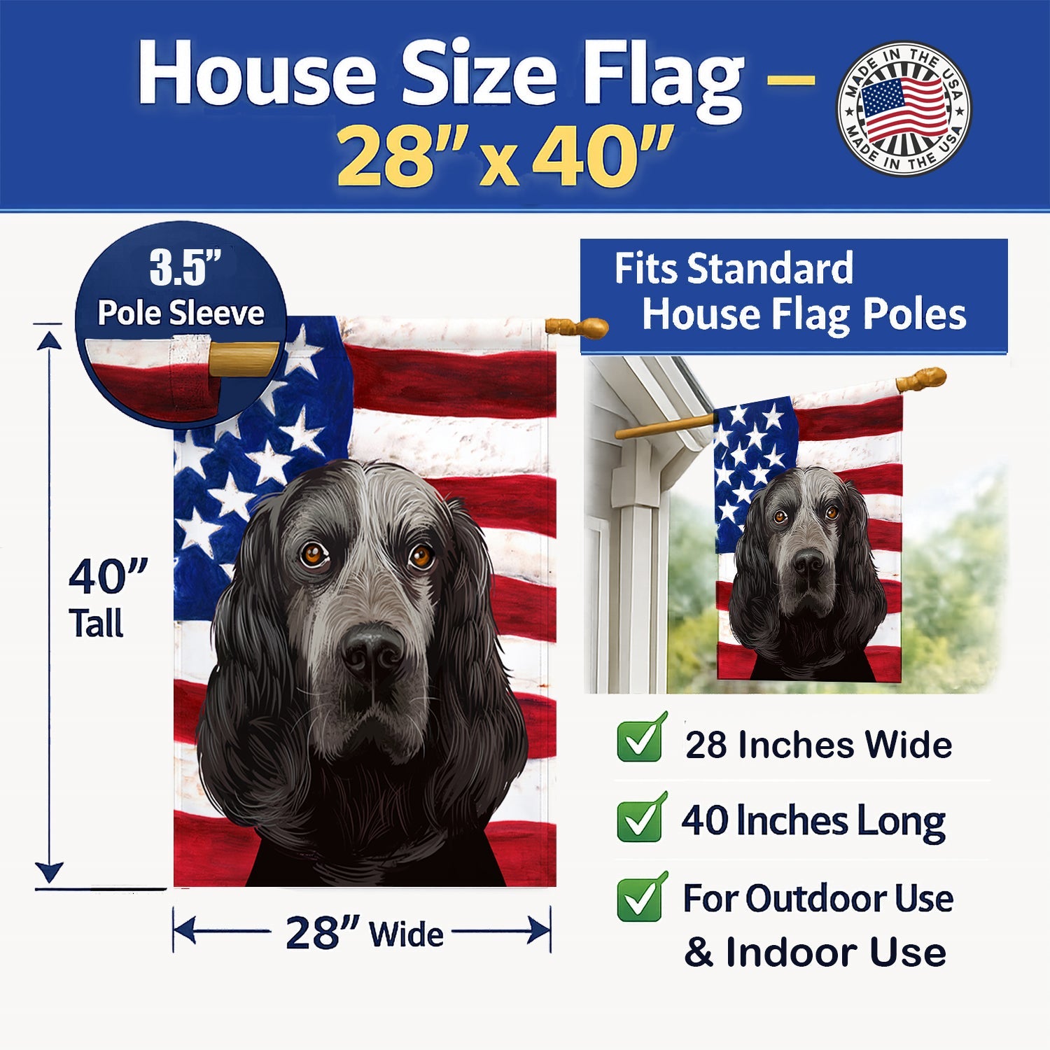 Blue Picardy Spaniel American Flag House Flag 28x40 Porch Sleeve Pole Decorative Outside Yard Banner Artwork Wall Hanging, Polyester