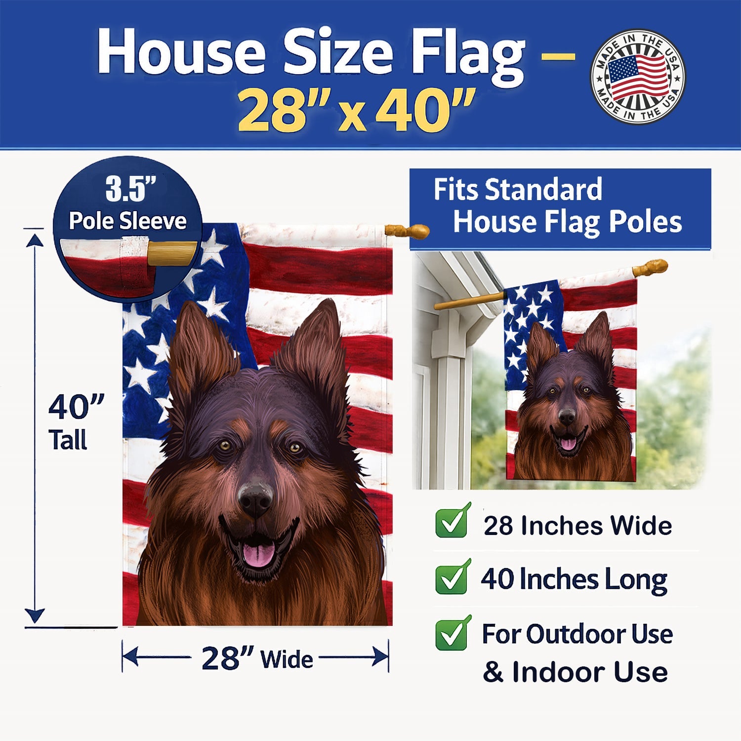 Bohemian Shepherd American Flag House Flag 28x40 Porch Sleeve Pole Decorative Outside Yard Banner Artwork Wall Hanging, Polyester