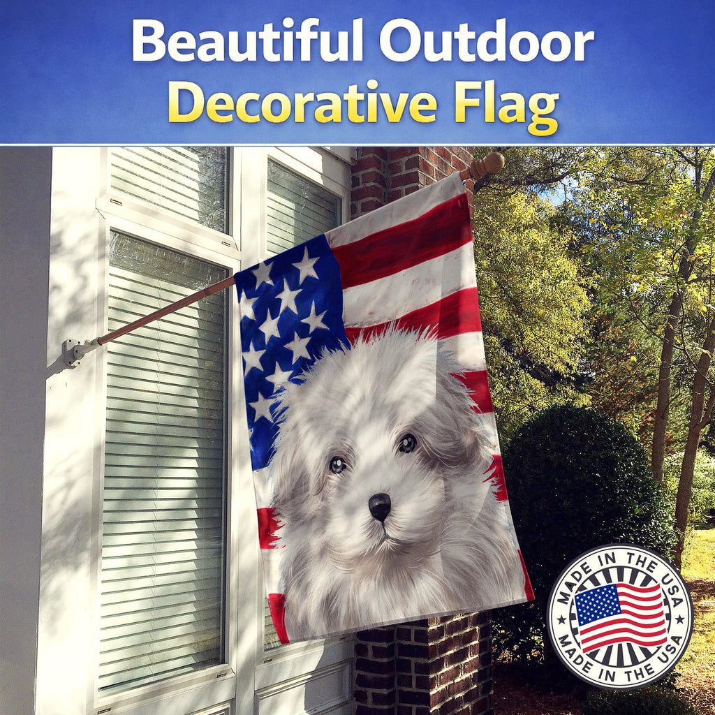 Bolognese Dog American Flag House Flag 28x40 Porch Sleeve Pole Decorative Outside Yard Banner Artwork Wall Hanging, Polyester