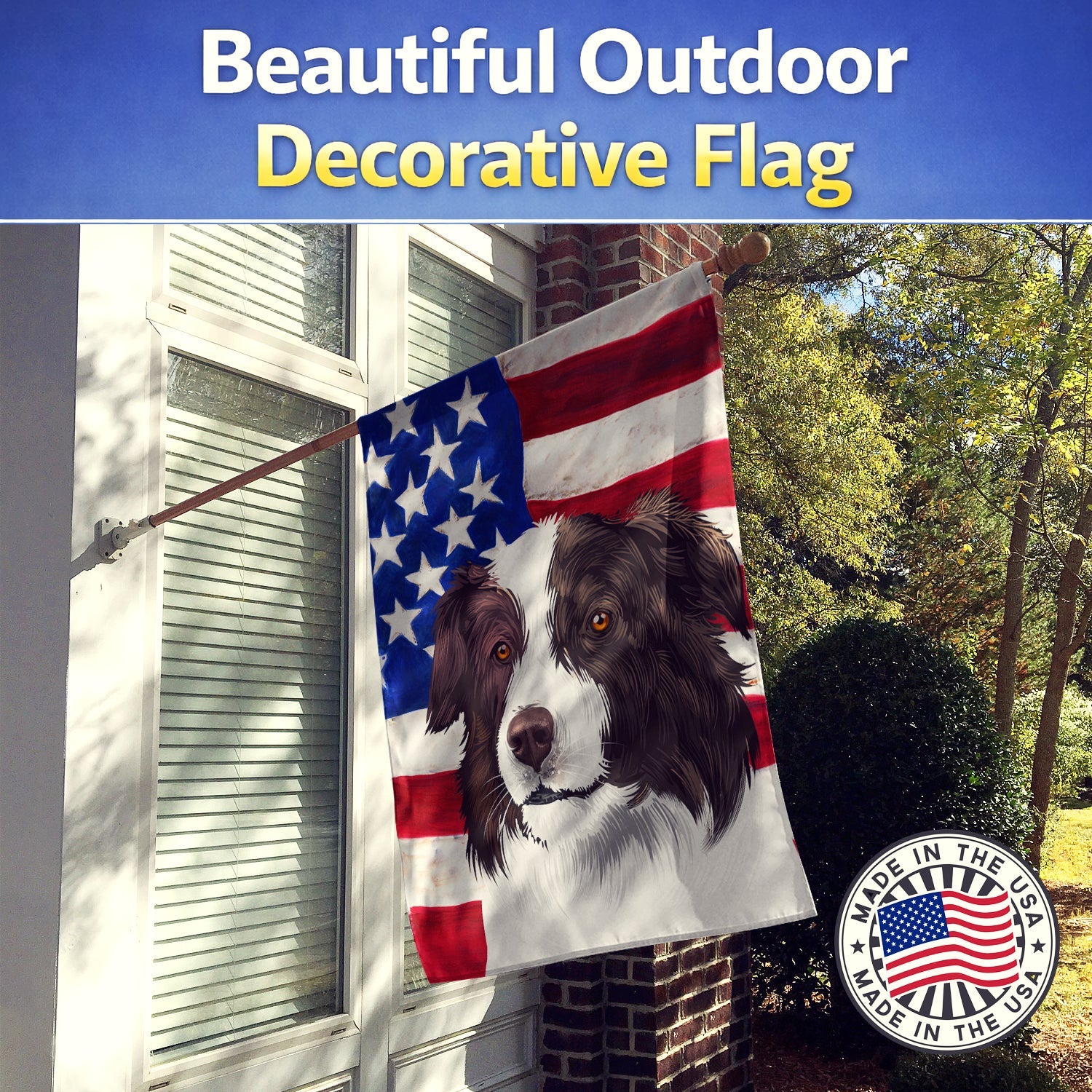 Border Collie Dog American Flag House Flag 28x40 Porch Sleeve Pole Decorative Outside Yard Banner Artwork Wall Hanging, Polyester
