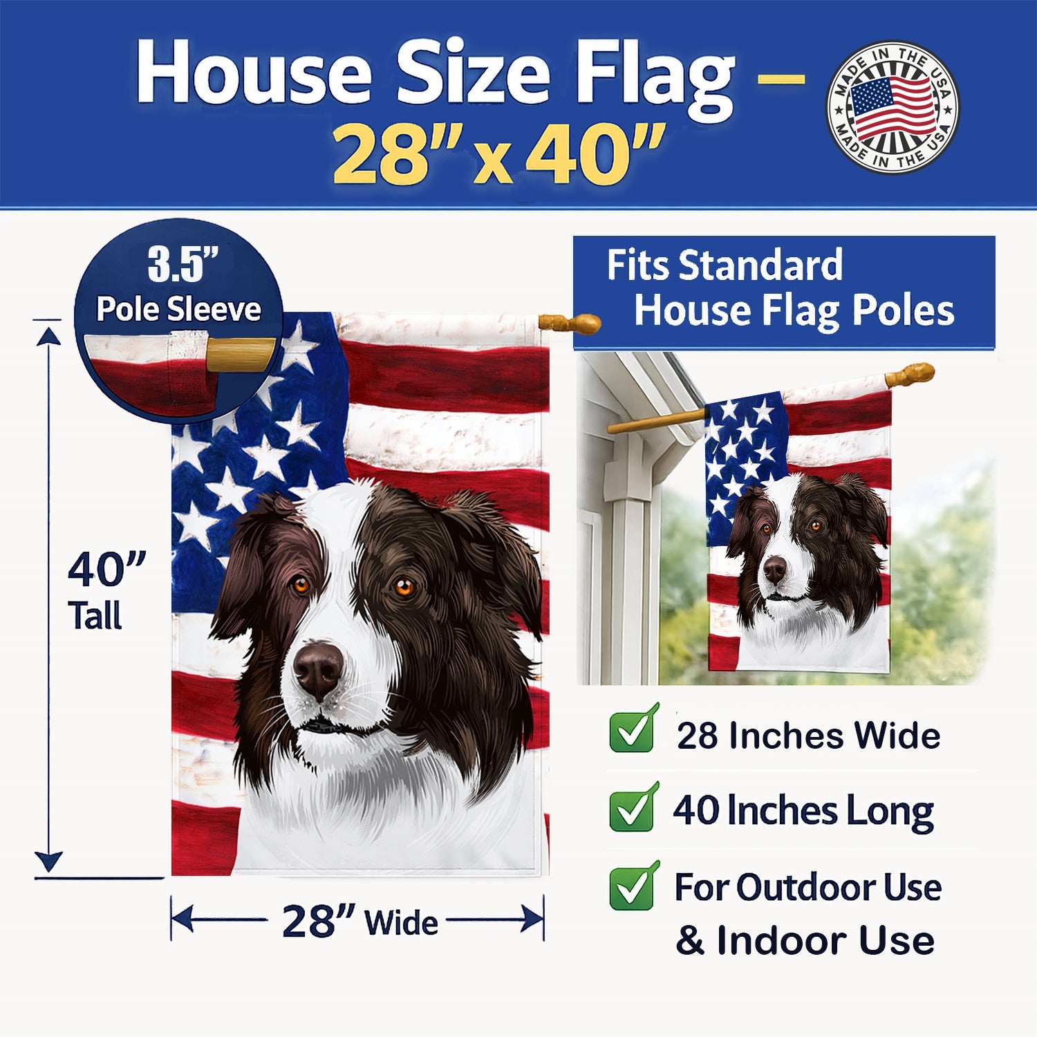 Border Collie Dog American Flag House Flag 28x40 Porch Sleeve Pole Decorative Outside Yard Banner Artwork Wall Hanging, Polyester