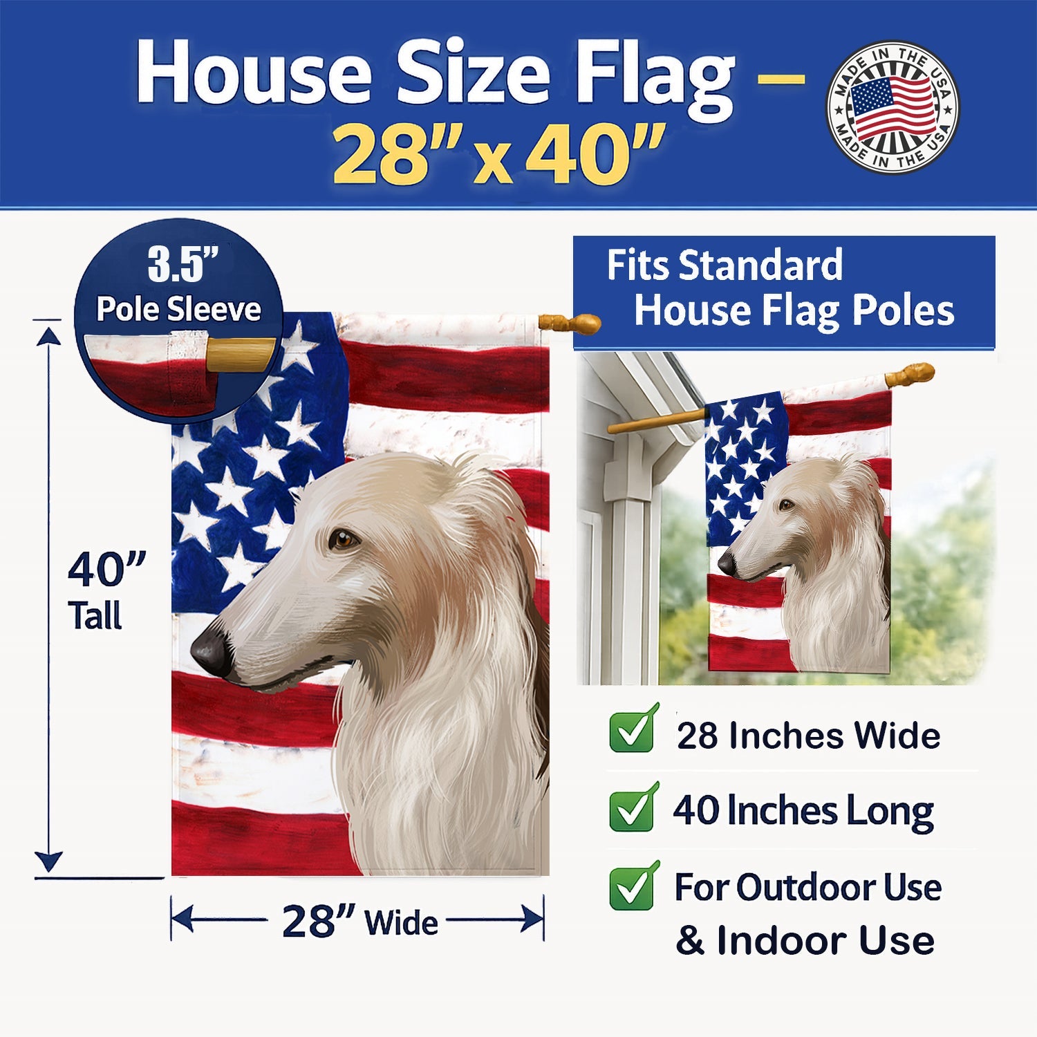 Borzoi Dog American Flag House Flag 28x40 Porch Sleeve Pole Decorative Outside Yard Banner Artwork Wall Hanging, Polyester