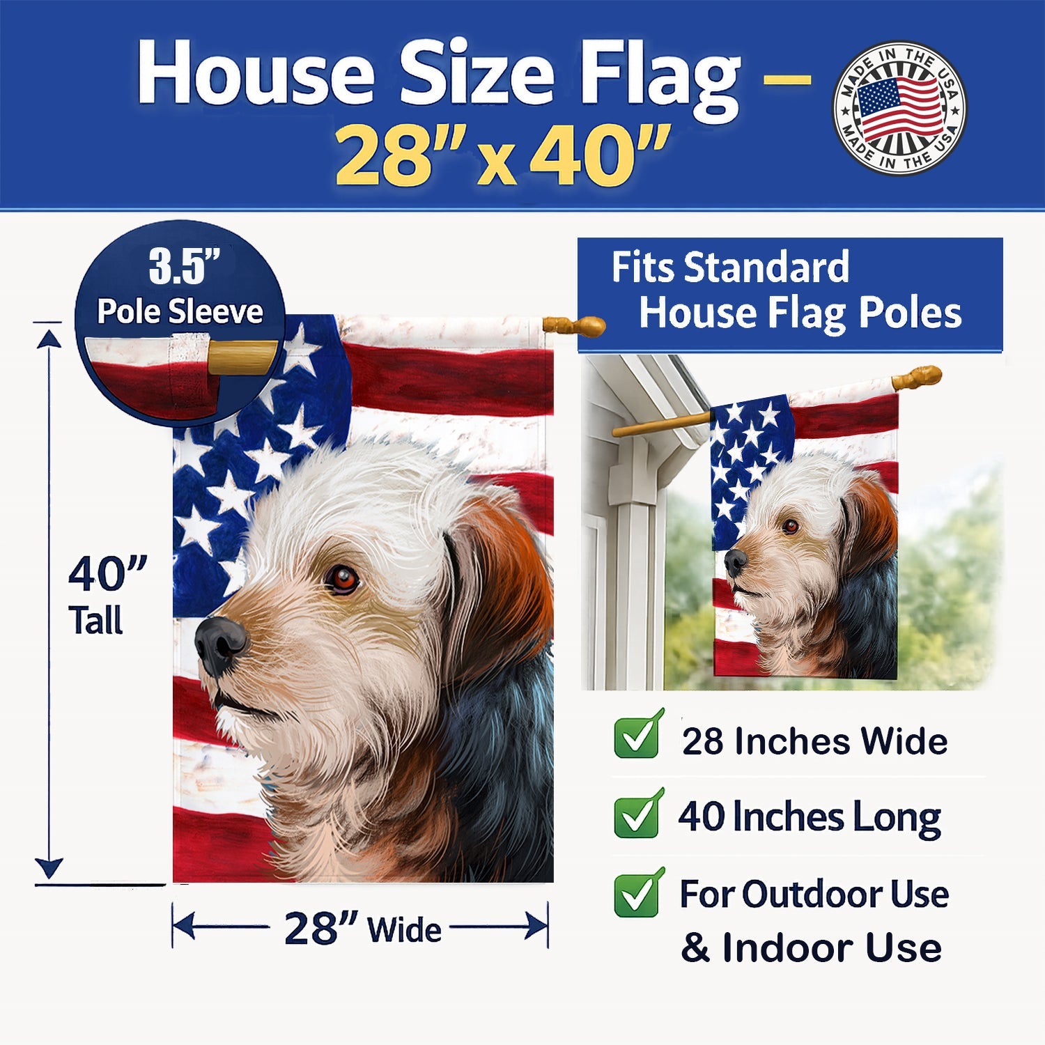 Bosnian Coarse-haired Hound American Flag House Flag 28x40 Porch Sleeve Pole Decorative Outside Yard Banner Artwork Wall Hanging, Polyester