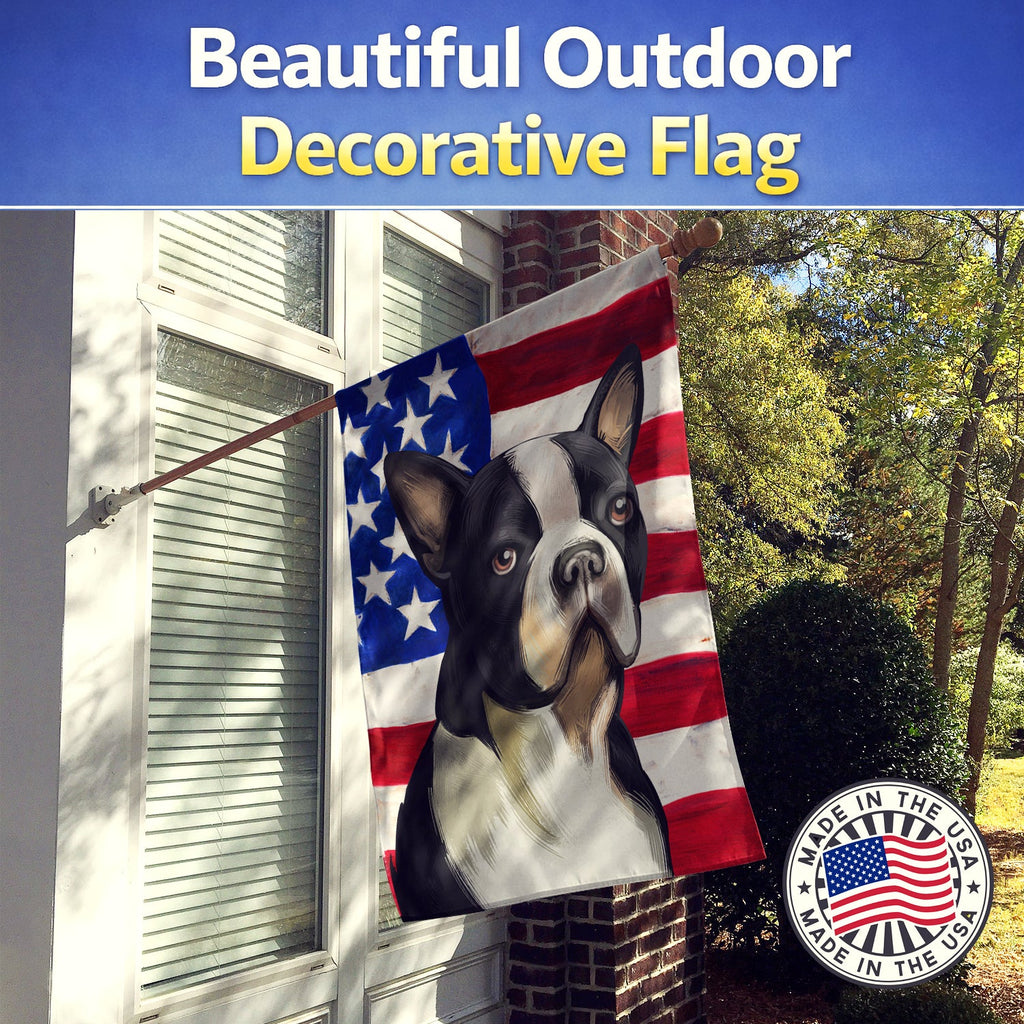 Boston Terrier Dog American Flag House Flag 28x40 Porch Sleeve Pole Decorative Outside Yard Banner Artwork Wall Hanging, Polyester