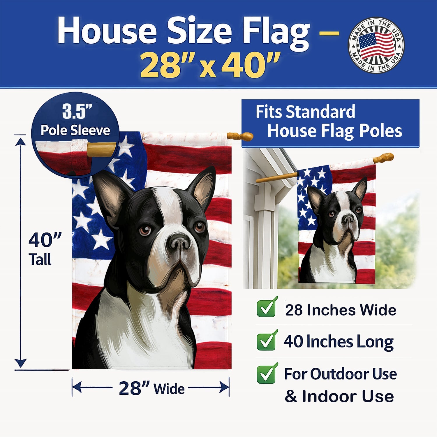 Boston Terrier Dog American Flag House Flag 28x40 Porch Sleeve Pole Decorative Outside Yard Banner Artwork Wall Hanging, Polyester