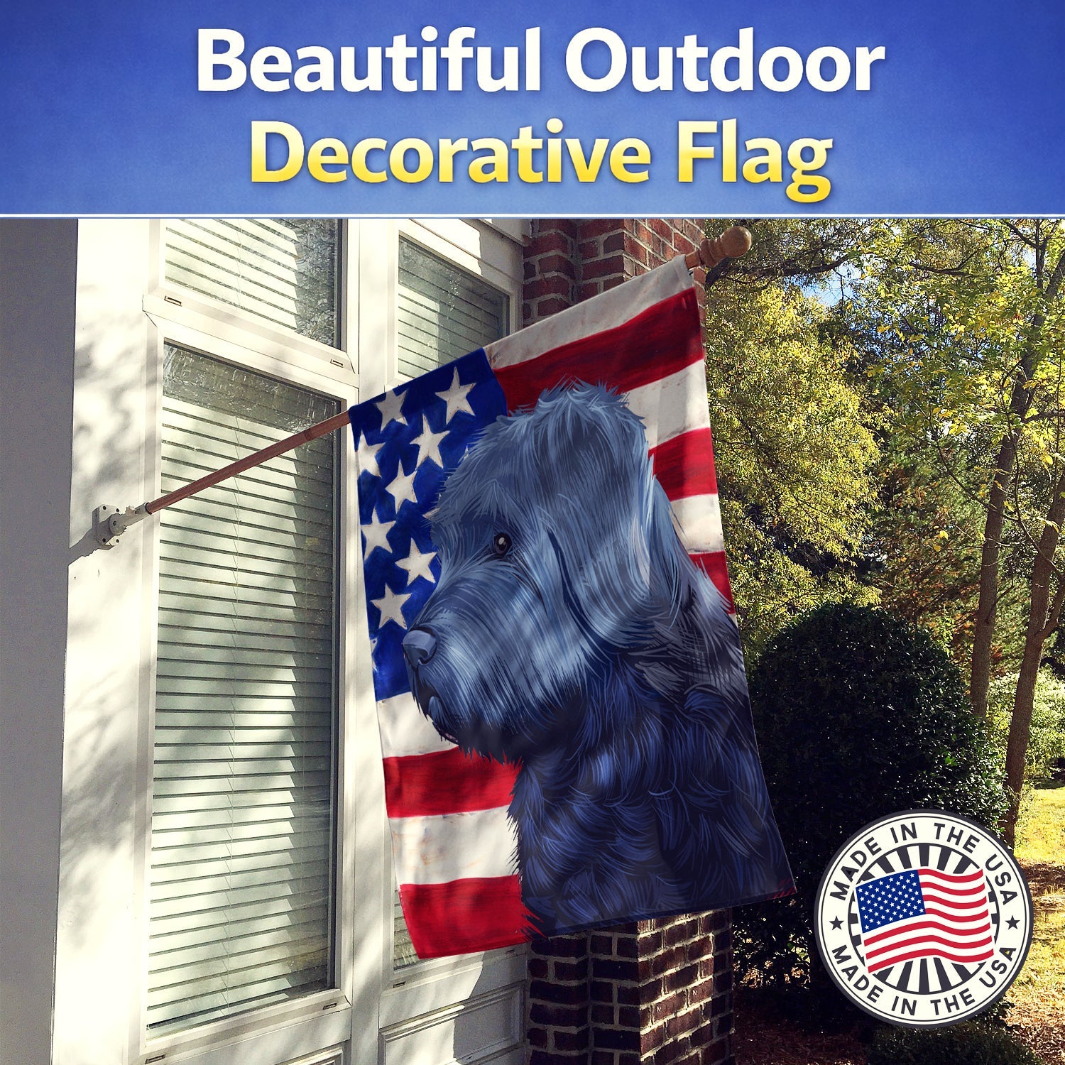Bouvier des Flandres American Flag House Flag 28x40 Porch Sleeve Pole Decorative Outside Yard Banner Artwork Wall Hanging, Polyester