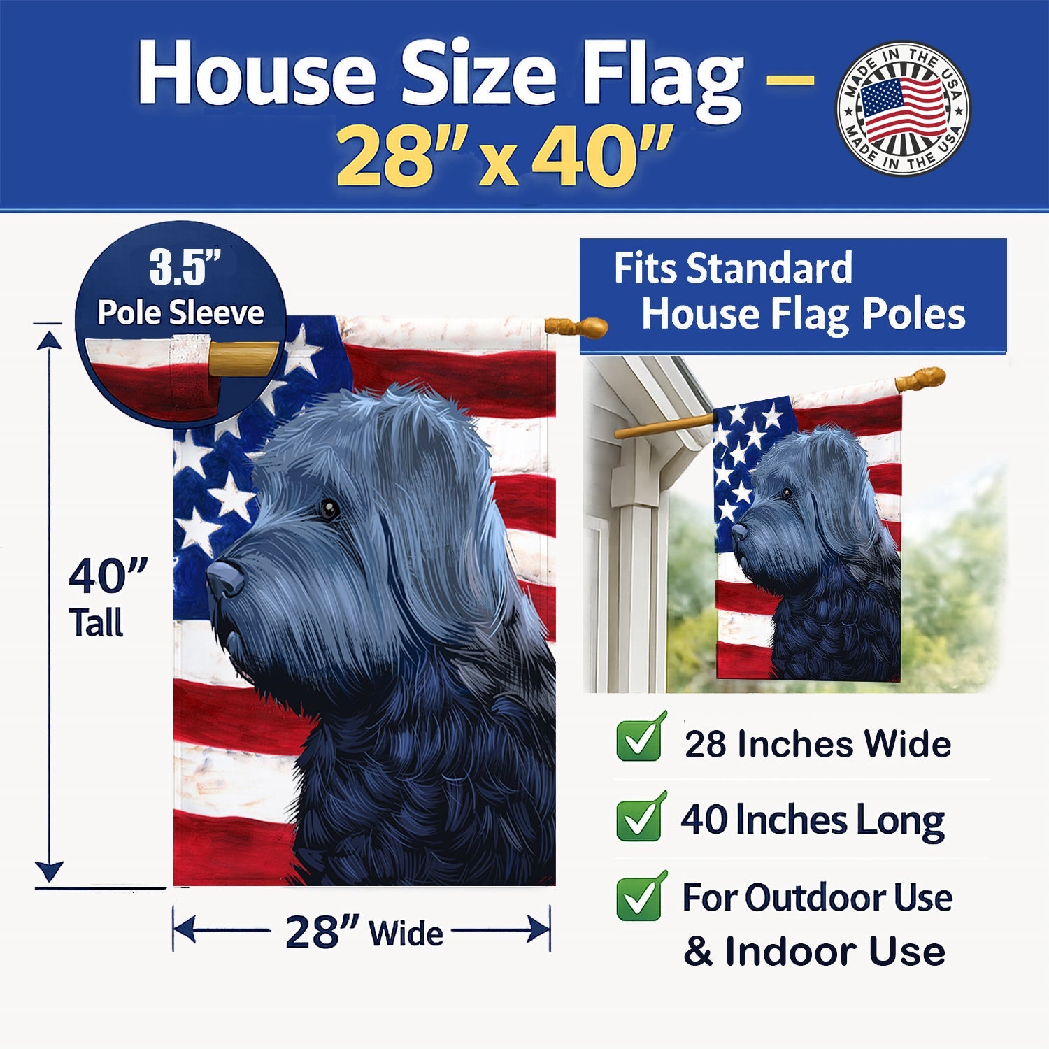 Bouvier des Flandres American Flag House Flag 28x40 Porch Sleeve Pole Decorative Outside Yard Banner Artwork Wall Hanging, Polyester