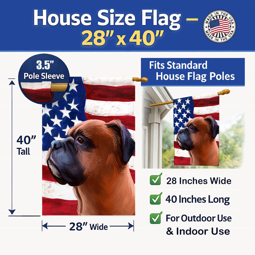 Boxer Dog American Flag House Flag 28x40 Porch Sleeve Pole Decorative Outside Yard Banner Artwork Wall Hanging, Polyester