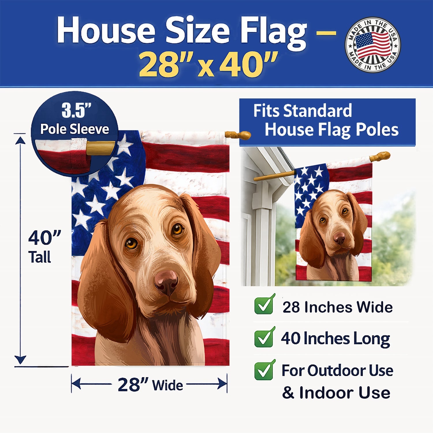 Bracco Italiano Dog American Flag House Flag 28x40 Porch Sleeve Pole Decorative Outside Yard Banner Artwork Wall Hanging, Polyester