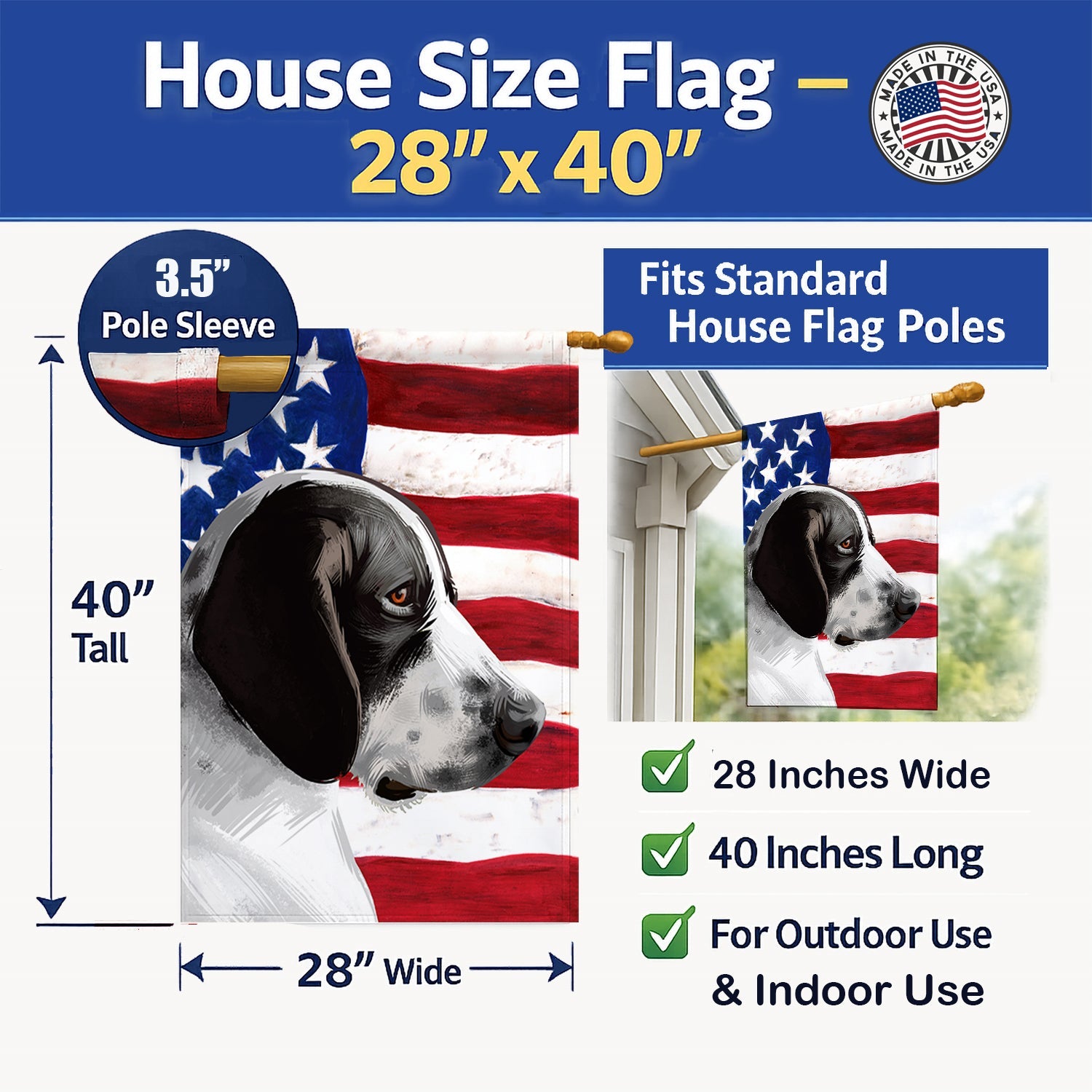 Braque d'Auvergne Dog American Flag House Flag 28x40 Porch Sleeve Pole Decorative Outside Yard Banner Artwork Wall Hanging, Polyester