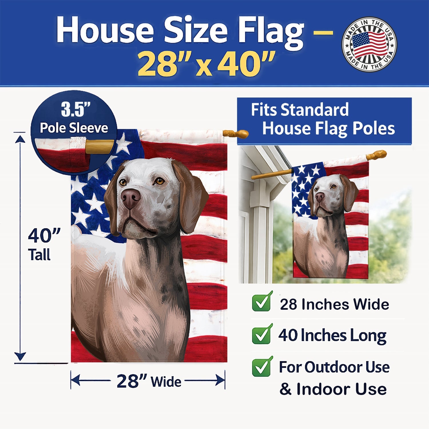 Braque du Bourbonnais American Flag House Flag 28x40 Porch Sleeve Pole Decorative Outside Yard Banner Artwork Wall Hanging, Polyester