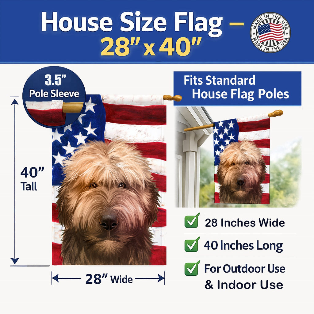 Briard Dog American Flag House Flag 28x40 Porch Sleeve Pole Decorative Outside Yard Banner Artwork Wall Hanging, Polyester