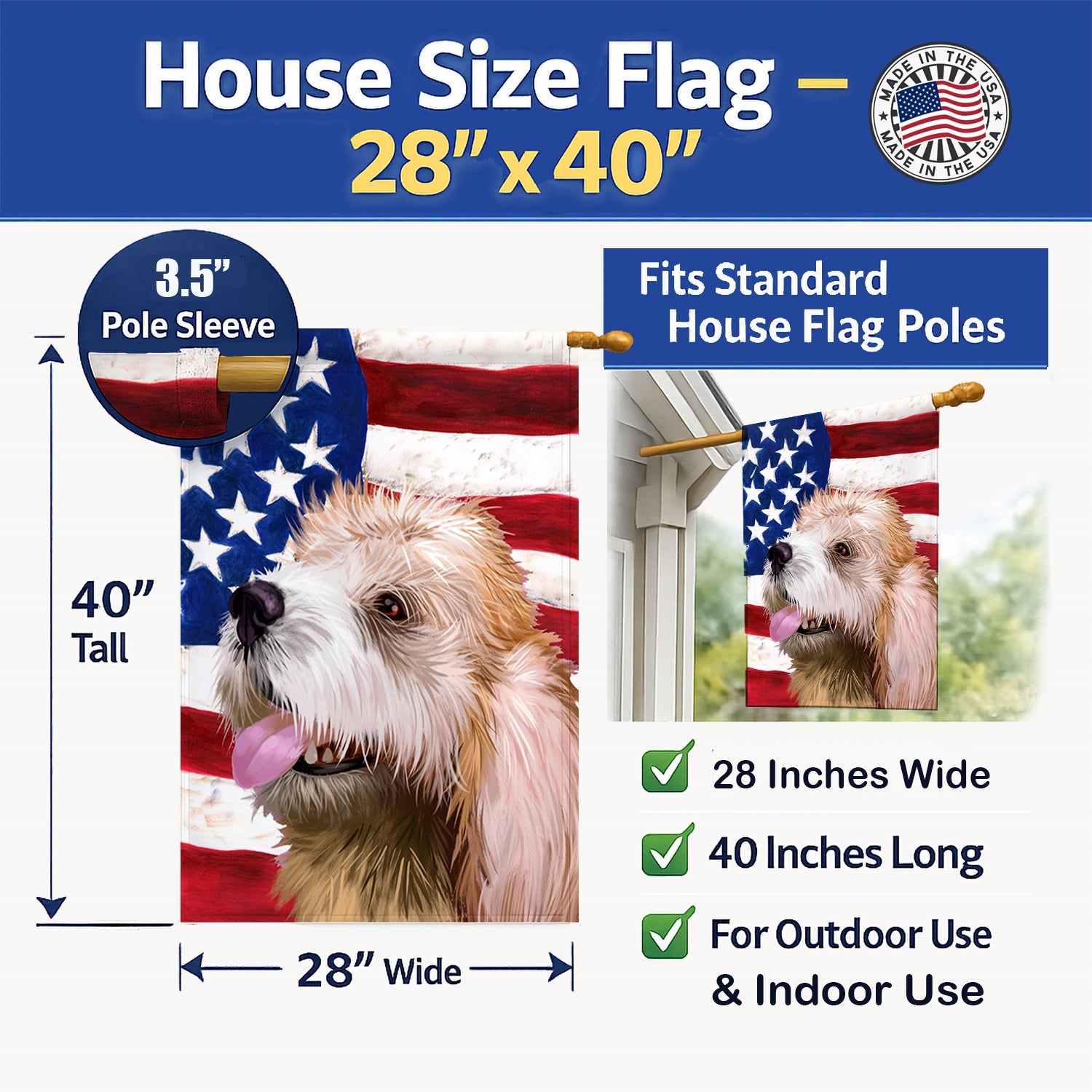 Briquet Griffon Vendeen American Flag House Flag 28x40 Porch Sleeve Pole Decorative Outside Yard Banner Artwork Wall Hanging, Polyester
