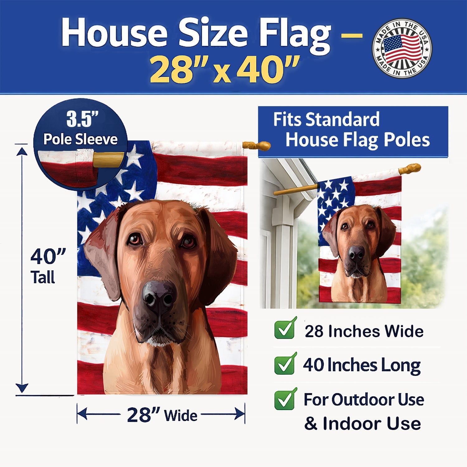 Broholmer Dog American Flag House Flag 28x40 Porch Sleeve Pole Decorative Outside Yard Banner Artwork Wall Hanging, Polyester