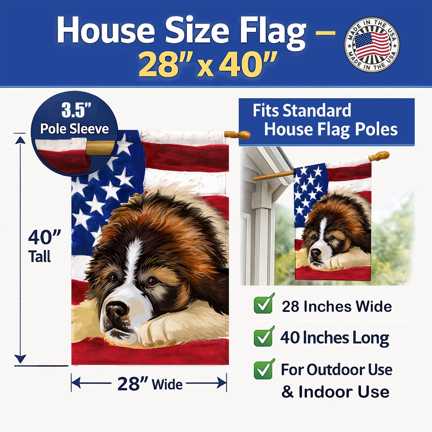 Bucovina Shepherd Dog American Flag House Flag 28x40 Porch Sleeve Pole Decorative Outside Yard Banner Artwork Wall Hanging, Polyester