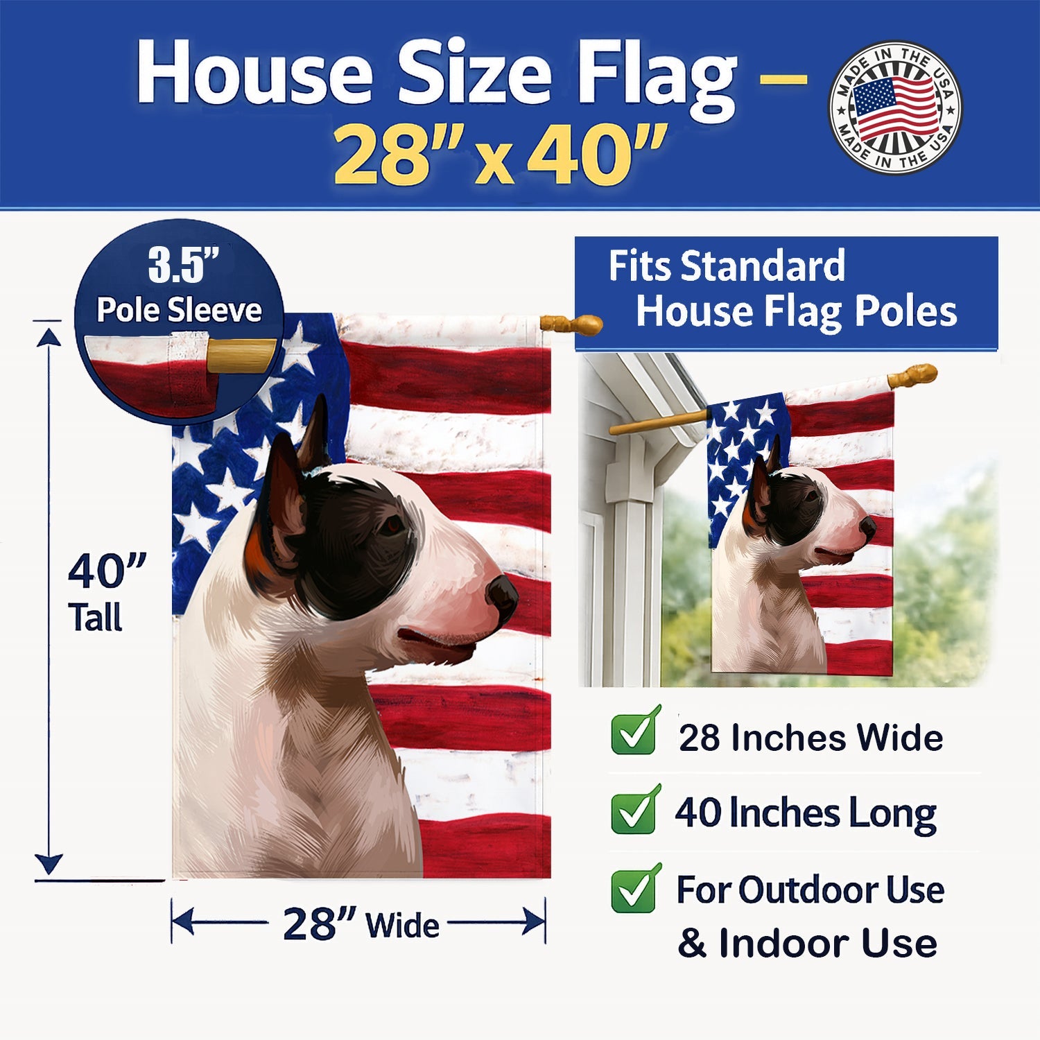 Bull Terrier Miniature American Flag House Flag 28x40 Porch Sleeve Pole Decorative Outside Yard Banner Artwork Wall Hanging, Polyester