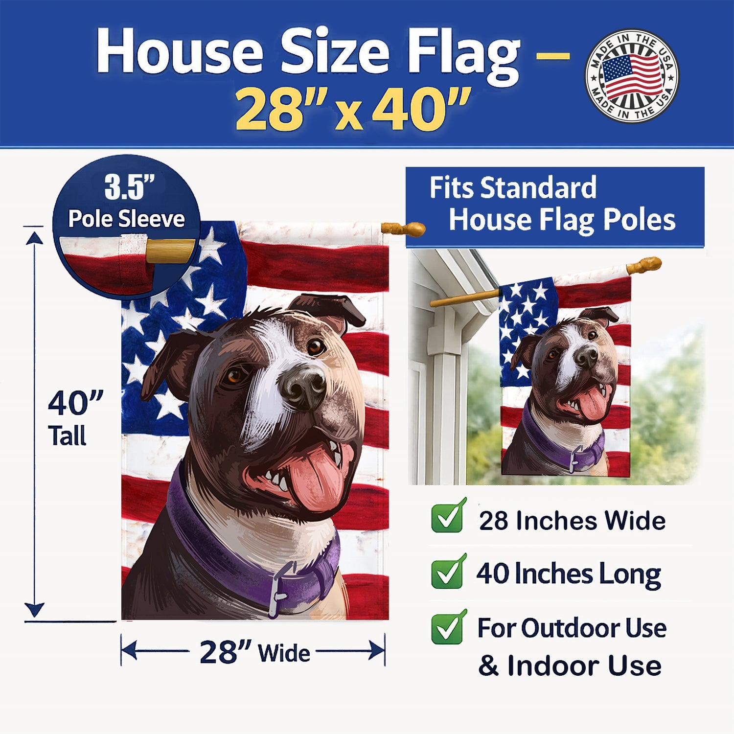 Bull Terrier Dog American Flag House Flag 28x40 Porch Sleeve Pole Decorative Outside Yard Banner Artwork Wall Hanging, Polyester