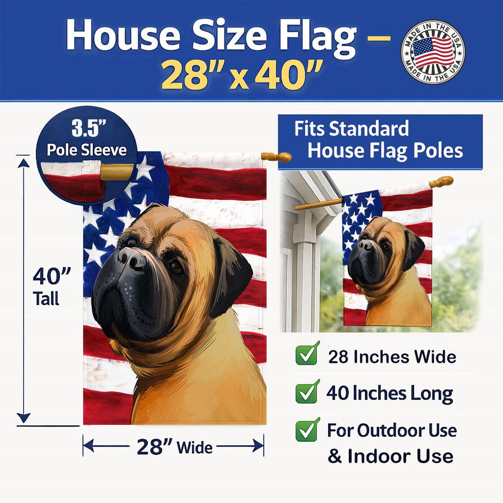 Bullmastiff Dog American Flag House Flag 28x40 Porch Sleeve Pole Decorative Outside Yard Banner Artwork Wall Hanging, Polyester
