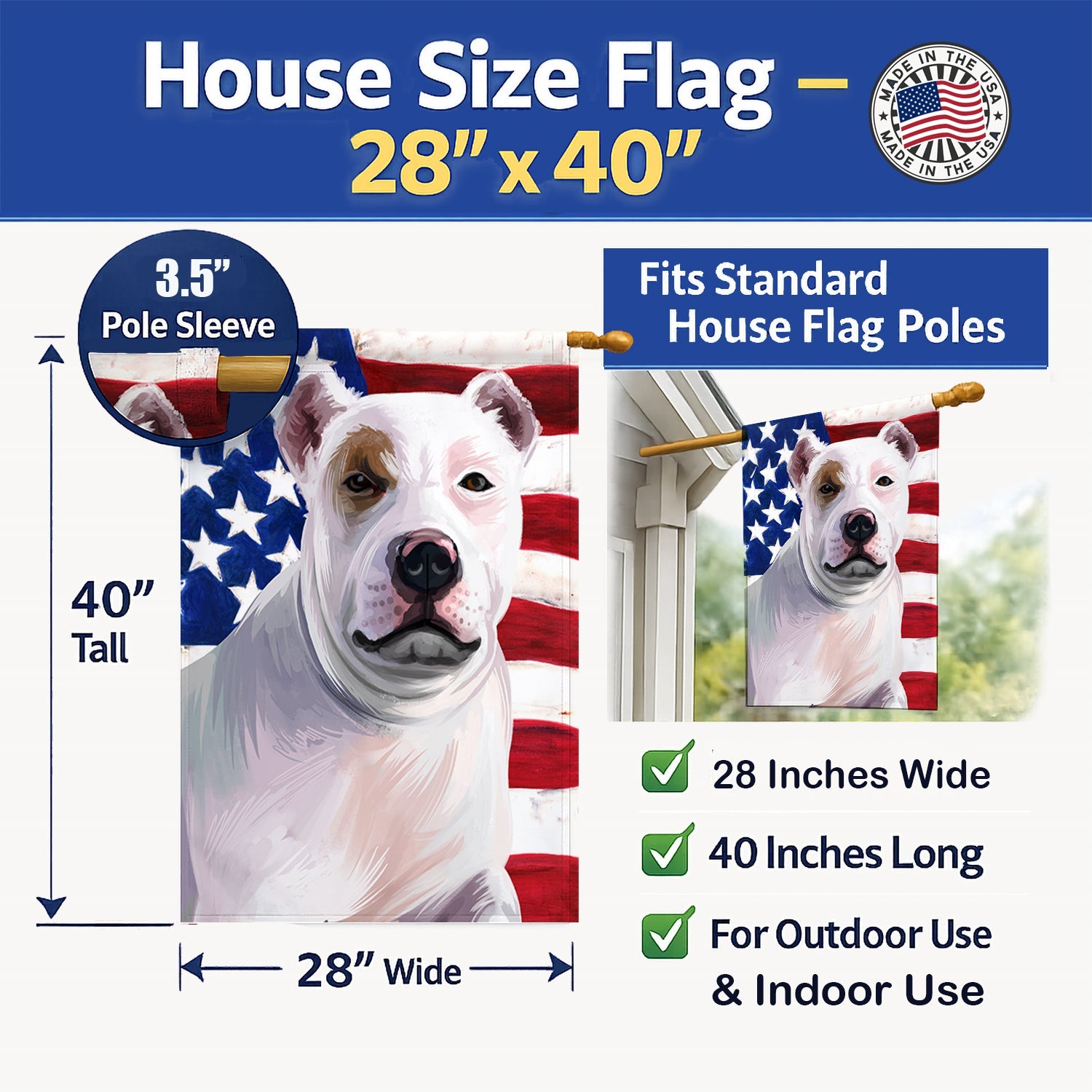 Bully Kutta Dog American Flag House Flag 28x40 Porch Sleeve Pole Decorative Outside Yard Banner Artwork Wall Hanging, Polyester