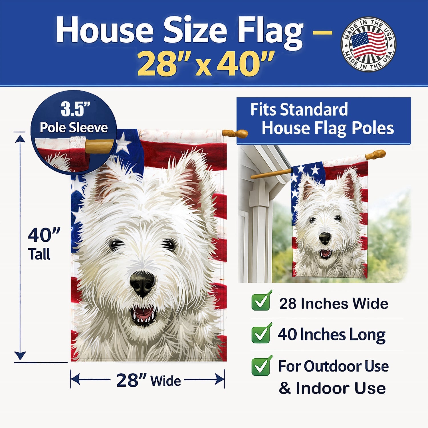 Cairn Terrier Dog American Flag House Flag 28x40 Porch Sleeve Pole Decorative Outside Yard Banner Artwork Wall Hanging, Polyester