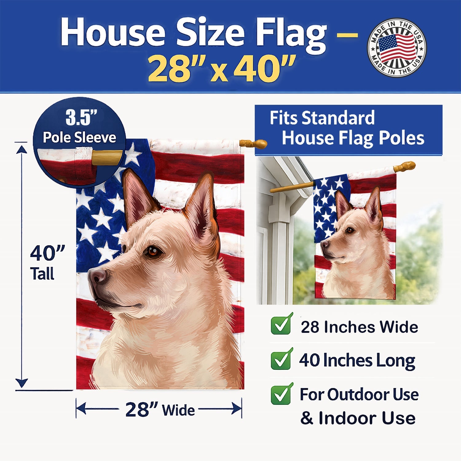 Canaan Dog American Flag House Flag 28x40 Porch Sleeve Pole Decorative Outside Yard Banner Artwork Wall Hanging, Polyester