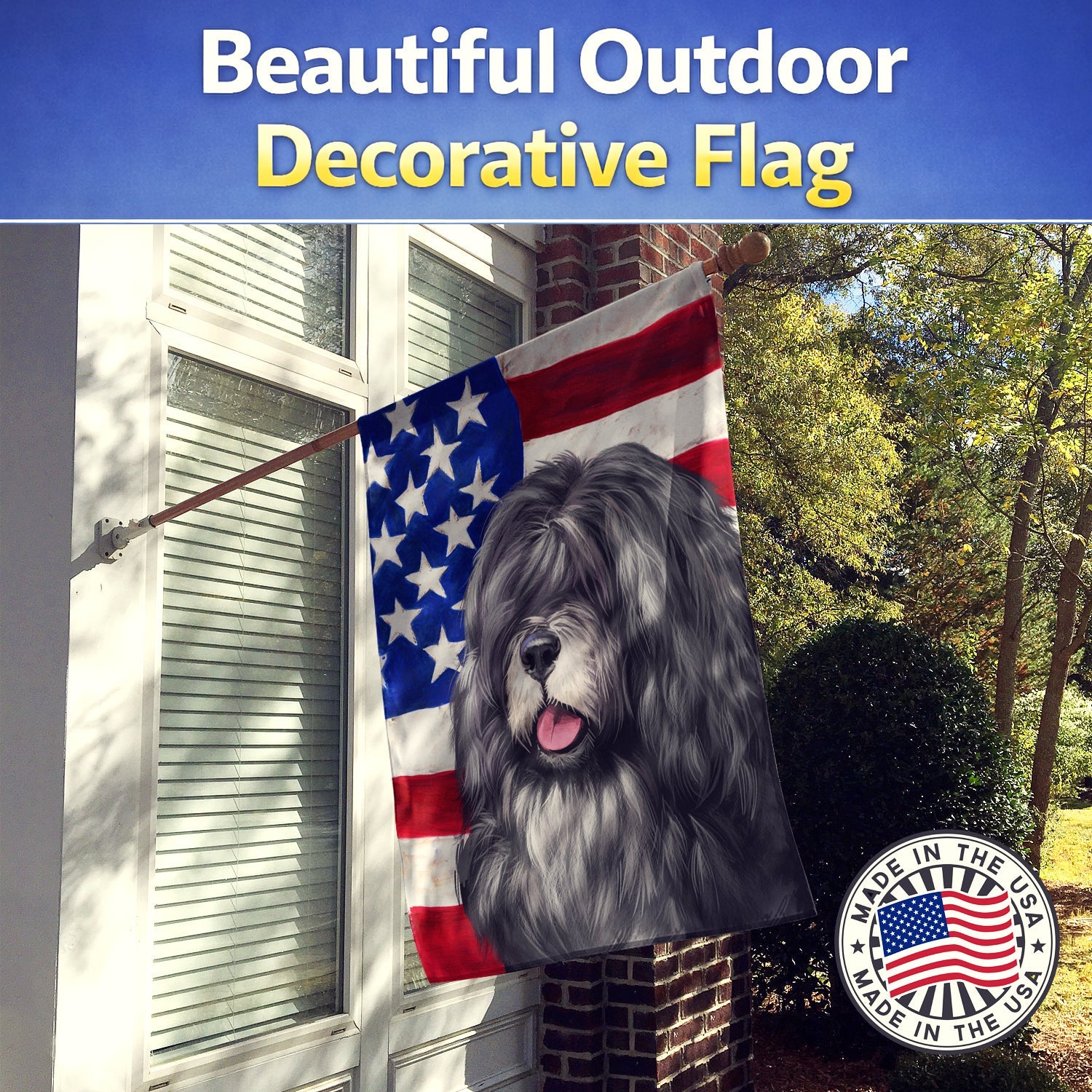 Portuguese Sheepdog American Flag House Flag 28x40 Porch Sleeve Pole Decorative Outside Yard Banner Artwork Wall Hanging, Polyester